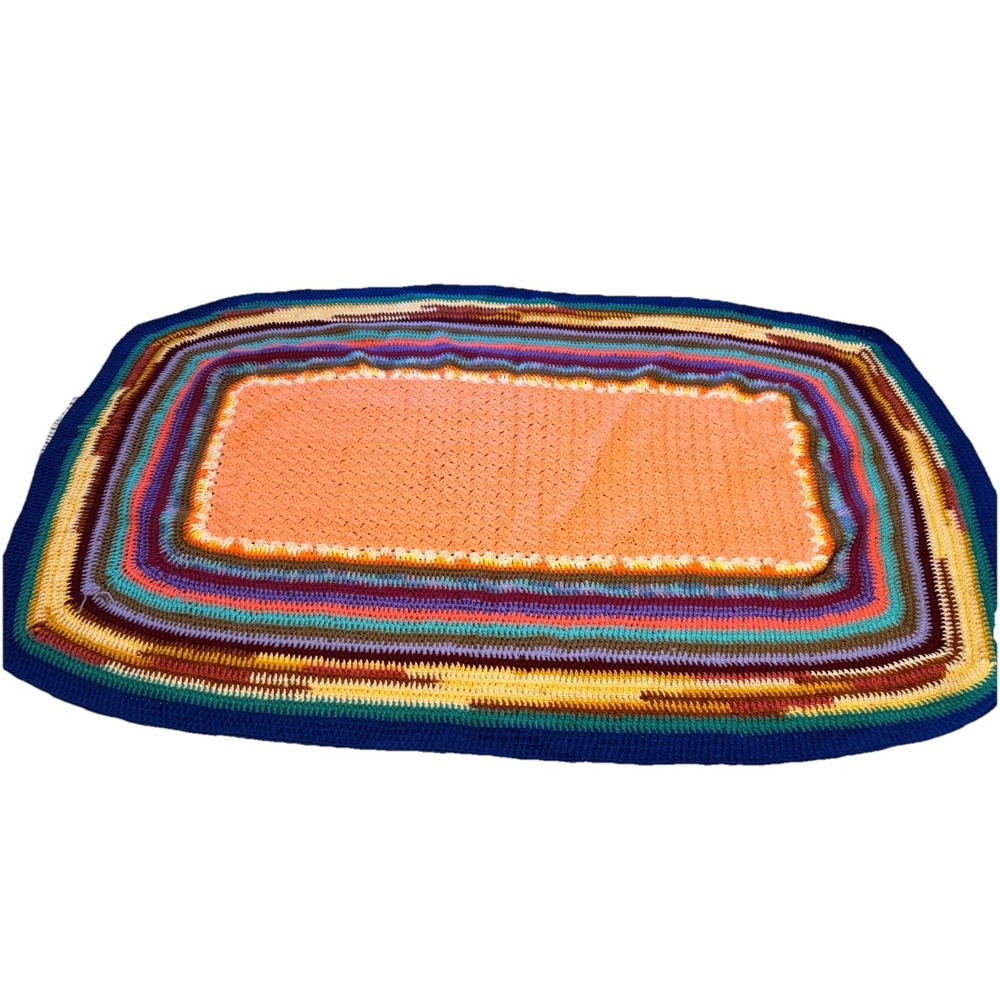 Handmade Vintage Crochet Afghan Rainbow Rug Throw‎ Blanket Sofa Cover Oval 64x42